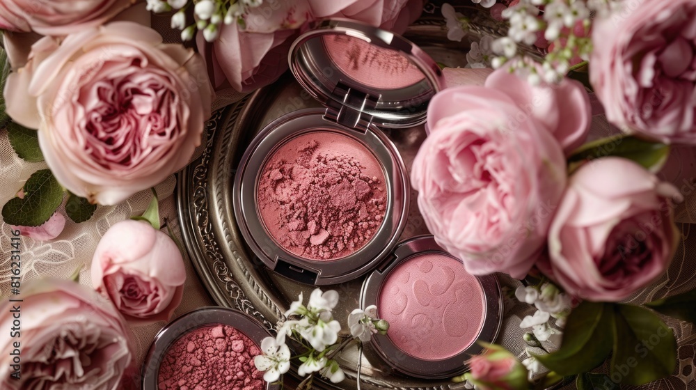 Captivating Product Display of Powdered Blush Shades with Feminine Elegance of Soft Florals and Delicate Lace Captivating Product Display of Powdered Blush Shades with Feminine Elegance of Soft Florals and Delicate Lace