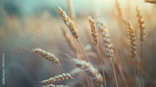 Close up of wheat ear in a wheat field photo