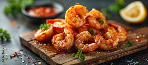 Succulent grilled shrimp arranged on a rustic wooden cutting board.