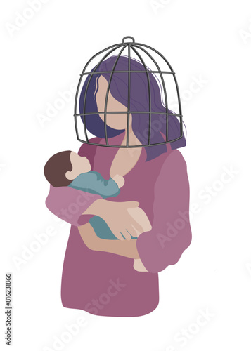 Mother hold a baby in her hands with a cage on  head flat vector illustration. Postpartium depression upset, sad mother crying at baby crib, depressed desperate mom tired woman after pregnancy. photo