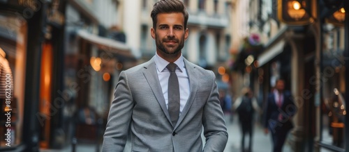 Successful businessman walking in city street