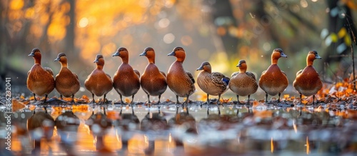 Group of ducks standing in puddle of water photo