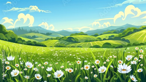 Cartoon vector illustration of a spring landscape in a park with flowers and a green grass meadow.  