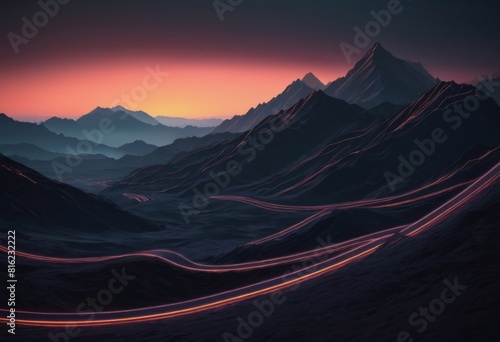 Grainy background  futuristic sunset in the mountains