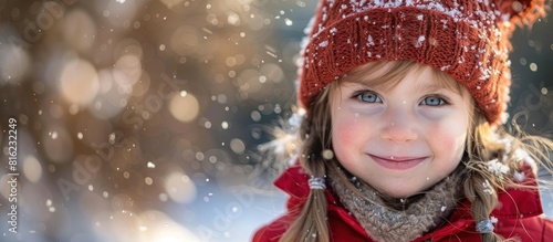 Little girl in red hat playing in snow