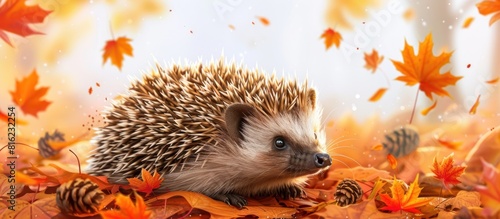 Hedgehog sitting in pile of leaves photo