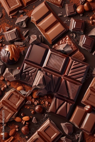 Chocolate background consisting of choco pieces, chocolates and candies, brown delight, cocoa beans, World Chocolate Day.	