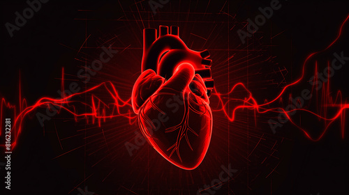 Forma abstrata de coração humano com linha vermelha de pulso cardio. Cardiograma de coração vermelho estilizado criativo com coração humano em fundo preto. Saúde, cardiologia