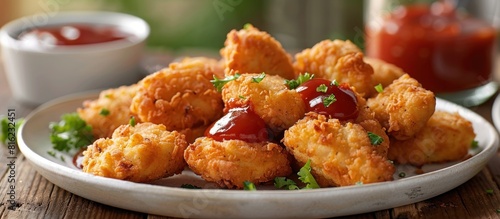 Crispy fried chicken nuggets with ketchup