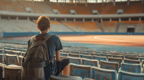 Triste adolescente sozinho com mochila sentado em um estádio esportivo vazio ao ar livre photo