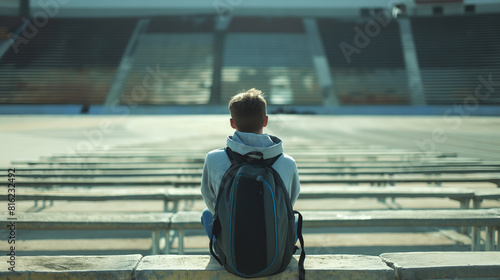 Triste adolescente sozinho com mochila sentado em um estádio esportivo vazio ao ar livre photo