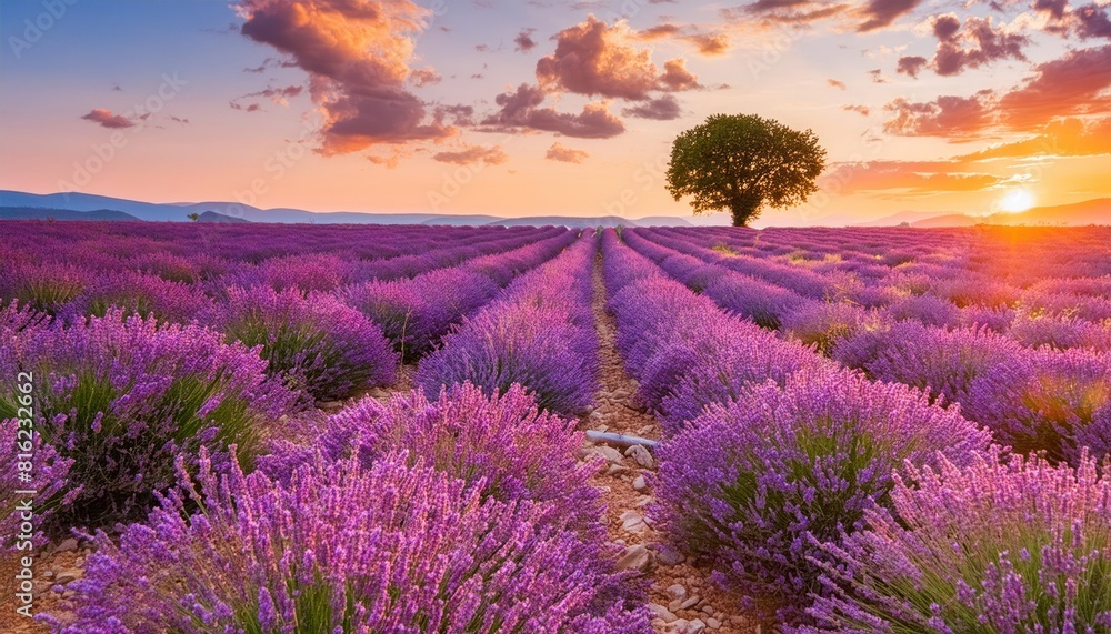 Lavender field summer sunset landscape 