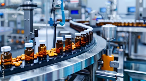 High-tech pharmaceutical production line with bottles of pills moving through filling station