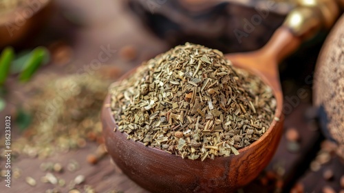 Wooden spoon filled with yerba mate, set against a background of fresh herbs.