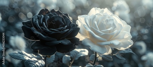 Two black and white roses in a field photo