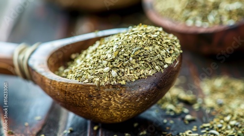 Wooden spoon filled with yerba mate, set against a background of fresh herbs.