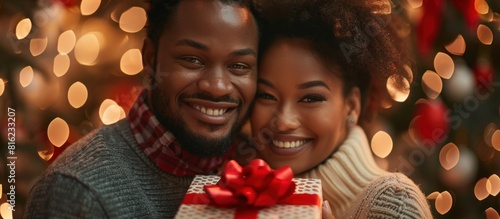 Black man and woman holding gift box in front of christmas tree photo