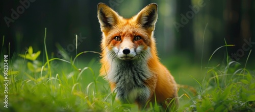 A red fox is alertly standing amidst the green grass during the day. photo