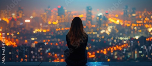 Girl sitting on ledge, looking at night cityscape