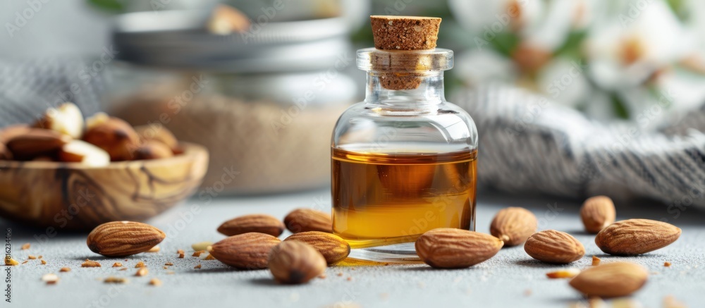 A bottle of aromatic almond oil surrounded by scattered almonds on a white surface. A bottle of aromatic almond oil surrounded by scattered almonds on a white surface.