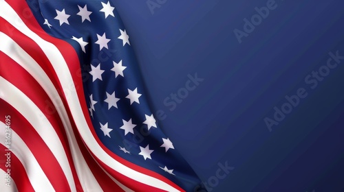Vibrant American flag with dynamic waves on a plain blue background.