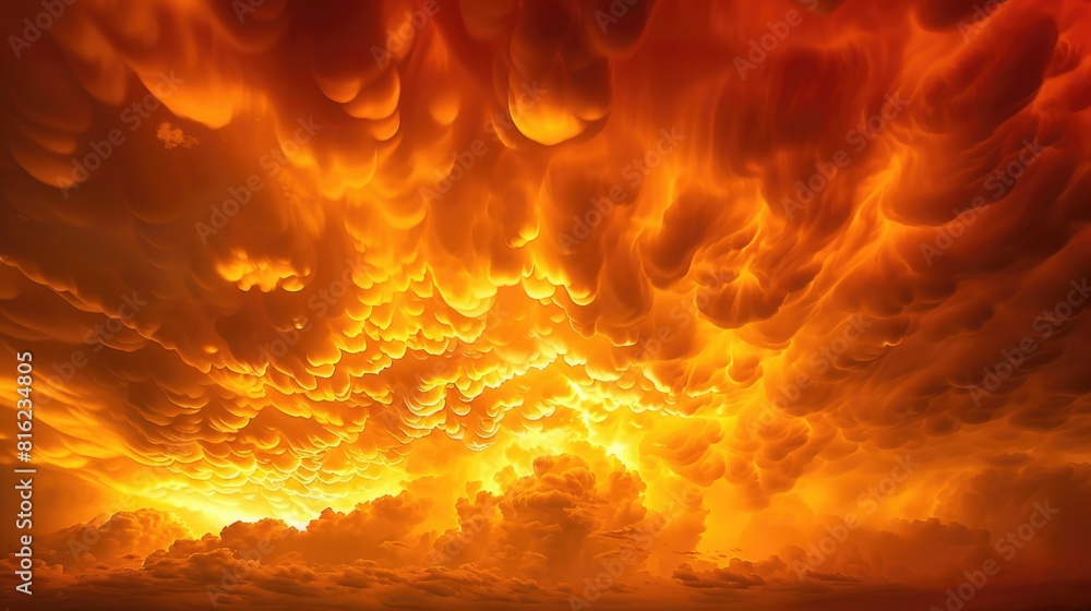 Detailed Close-Up of Mammatus Clouds at Sunset with Vibrant Orange and Red Fiery Background Detailed Close-Up of Mammatus Clouds at Sunset with Vibrant Orange and Red Fiery Background