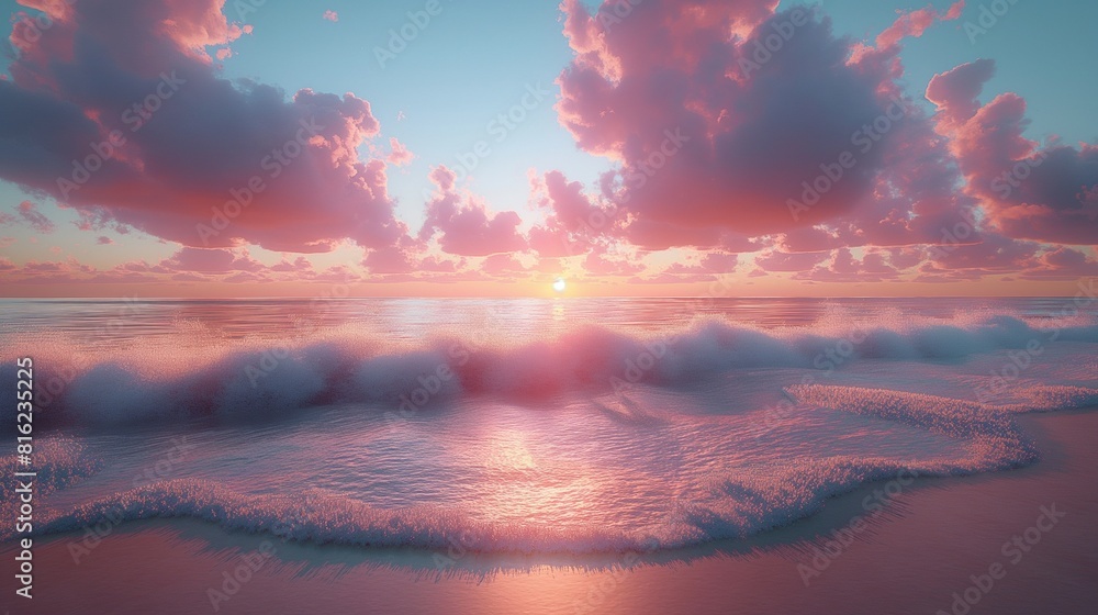 A serene beach at sunset, where gentle waves kiss the shore beneath a cotton candy sky A serene beach at sunset, where gentle waves kiss the shore beneath a cotton candy sky