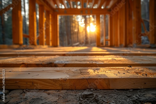 Sunset streaming through a wooden cabin frame
