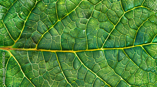 Texture of a leaf, intricate network of veins, vivid green color.