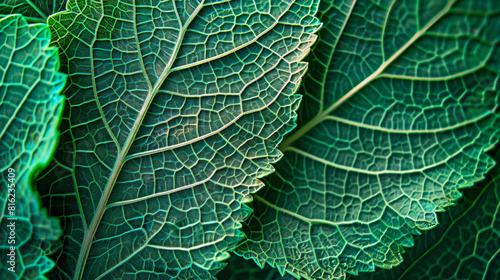 Texture of a leaf, intricate network of veins, vivid green color.