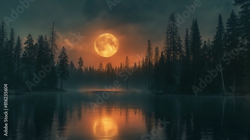 A serene moonlit lake reflecting the shimmering light of the full moon  surrounded by towering pine trees silhouetted against the night sky