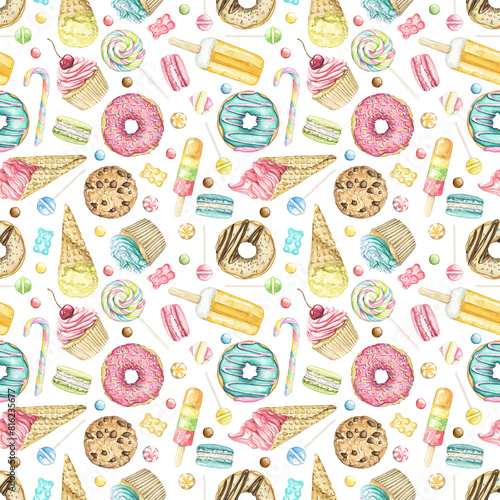 Seamless pattern with various bright sweets isolated on white background. Watercolor hand drawn illustration