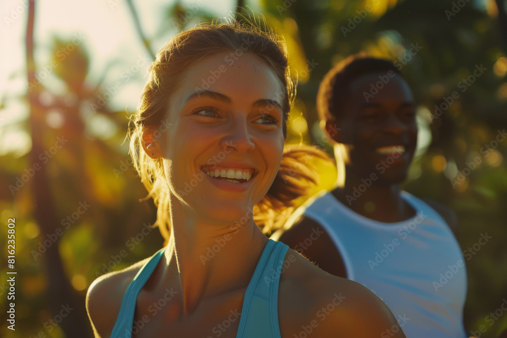 Young interracial couple enjoys a sunset run amidst nature, showcasing fitness, happiness, and diverse relationships in a golden hour setting Young interracial couple enjoys a sunset run amidst nature, showcasing fitness, happiness, and diverse relationships in a golden hour setting