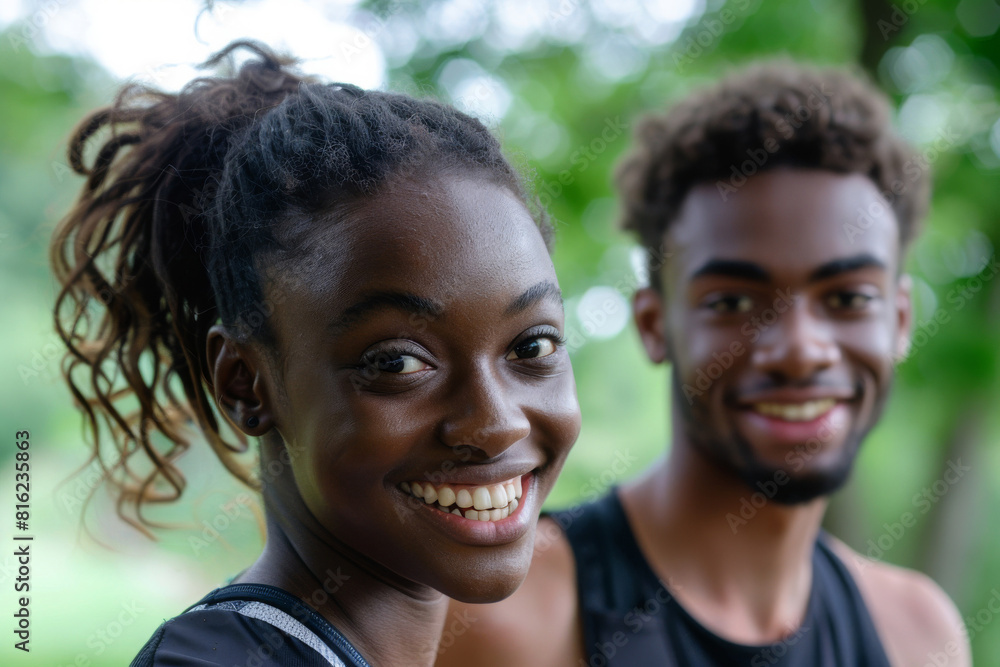 Close-up of a cheerful young couple smiling after a run in the park, showcasing their healthy lifestyle and companionship Close-up of a cheerful young couple smiling after a run in the park, showcasing their healthy lifestyle and companionship