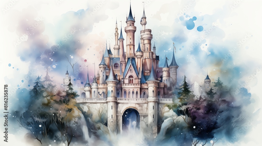 Obraz premium Fantasy princess castle. Pink Fairy tale watercolor hand painted illustration isolated on transparent background. Ideas for baby shower invitation, kids greeting cards, girls nursery decoration 