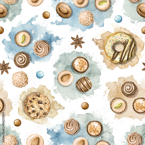 Seamless pattern with various sweets isolated on white background. Watercolor hand drawn illustration