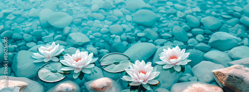 Calm and tranquility emanate from this image of serene lotus flowers resting on smooth stones in gently hued waters  exemplifying natural aesthetics