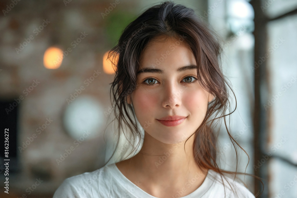 Young asian woman posing by window in modern interior slightly smiling, for marketing campaign Young asian woman posing by window in modern interior slightly smiling, for marketing campaign