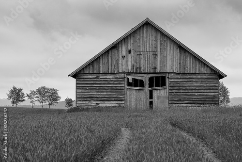 Old wooden barn in black and white surrounded by fields with tire tracks through the field towards the barn. Rustic charm of rural landscape.