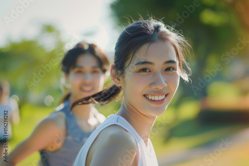 Smiling young woman and her partner running in the park, showing happiness and togetherness during a healthy outdoor exercise routine