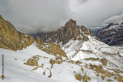 Beautiful Nature Mountain Scenery. Dolomite mountains Italy. Aerial view of the village of san martino di castrozza dolomites trentino. Rough and steep rock. At Gardena Valley in South Tyrol, Italy photo