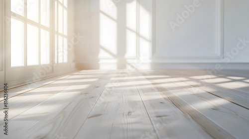white empty room with wooden floor and window with sunlight room studio interior design background   Generative AI