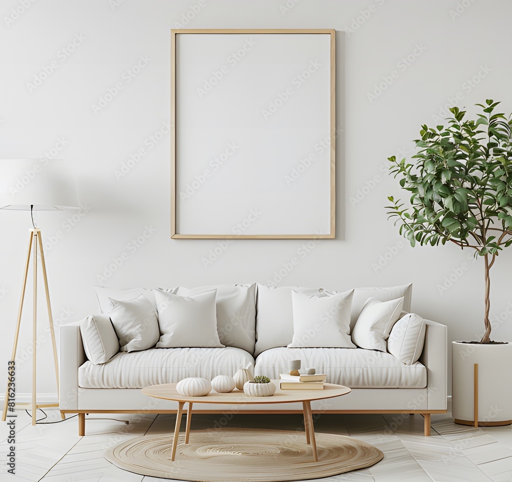 Photo of a large, blank white frame on the wall above an elegant velvet sofa Ai generative Photo of a large, blank white frame on the wall above an elegant velvet sofa Ai generative
