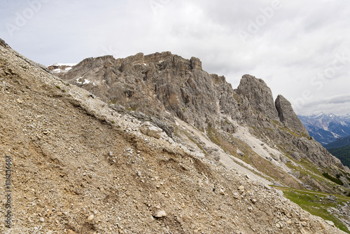 Beautiful Nature Mountain Scenery. Dolomite mountains Italy. Aerial view of the village of san martino di castrozza dolomites trentino. Rough and steep rock. At Gardena Valley in South Tyrol, Italy photo