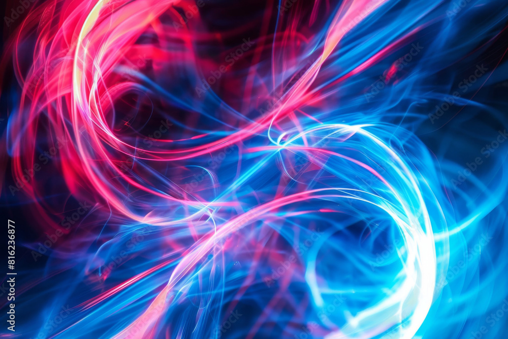 Abstract electric energy flow background with vibrant blue and red light trails in a dynamic and swirling motion pattern Abstract electric energy flow background with vibrant blue and red light trails in a dynamic and swirling motion pattern