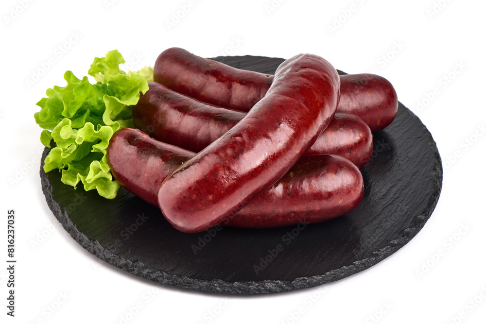 German grilled pork sausages with lettuce, close-up, isolated on white background German grilled pork sausages with lettuce, close-up, isolated on white background