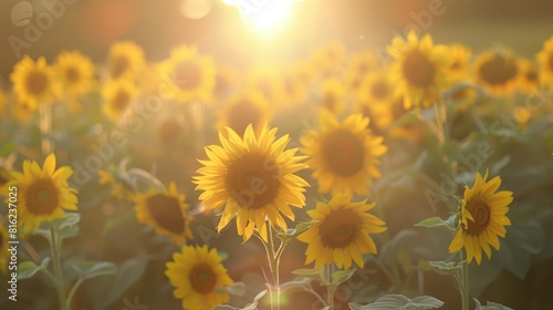 Bright sun illuminates a summer nature of sunflower field #816237025