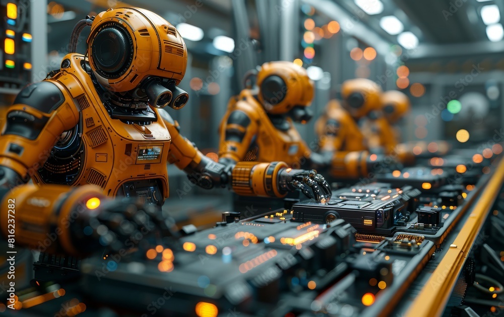 Modern factory with robotic arms working on an electronic board in a dark blue and grey color scheme, with hyper realistic photography. Modern factory with robotic arms working on an electronic board in a dark blue and grey color scheme, with hyper realistic photography.