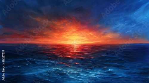 The ocean painted in deep blues and fiery oranges