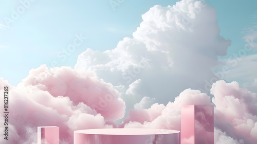 Surreal cloud podium outdoor on blue sky pink pastel soft fluffy clouds with empty spaceBeauty cosmetic product placement pedestal present promotion minimal displaysummer paradise drea : Generative AI photo